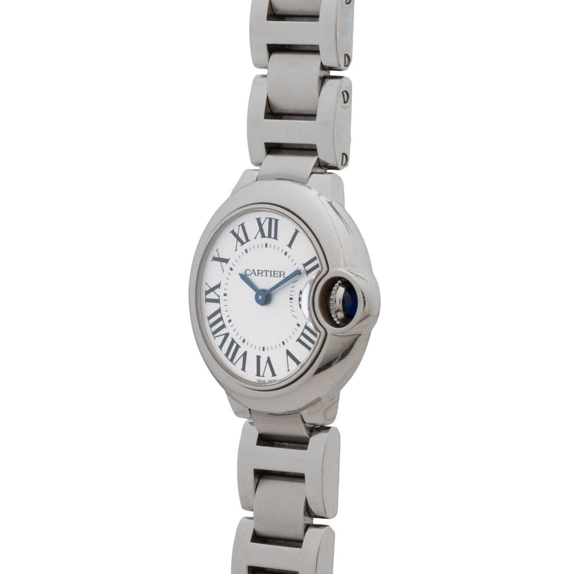 A Cartier Ballon Bleu wristwatch featuring Roman numerals and a silver metal link band, set to 10:10.