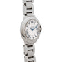 The Cartier Ballon Bleu is a silver wristwatch featuring Roman numerals, blue hands, and a metal link band.
