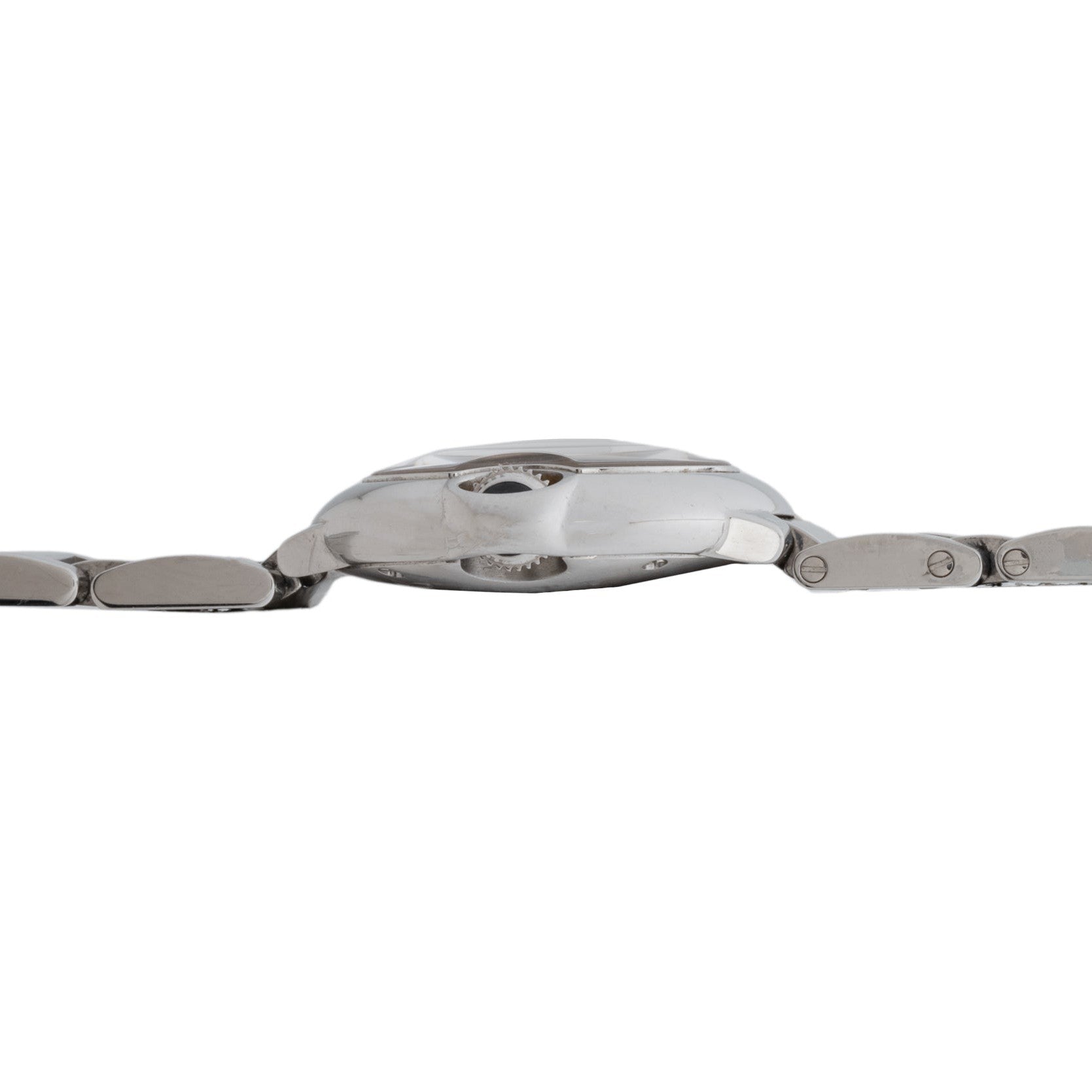 Side view of the Cartier Ballon Bleu, featuring a silver metal link band and a round, raised watch case.