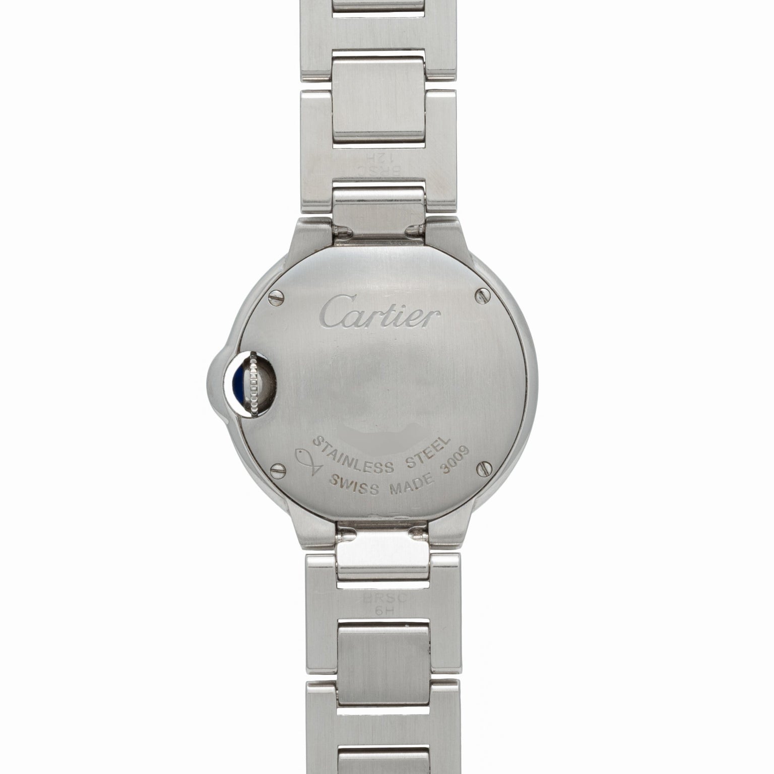 The back of a Cartier Ballon Bleu watch features engraved text and a stainless steel link bracelet.