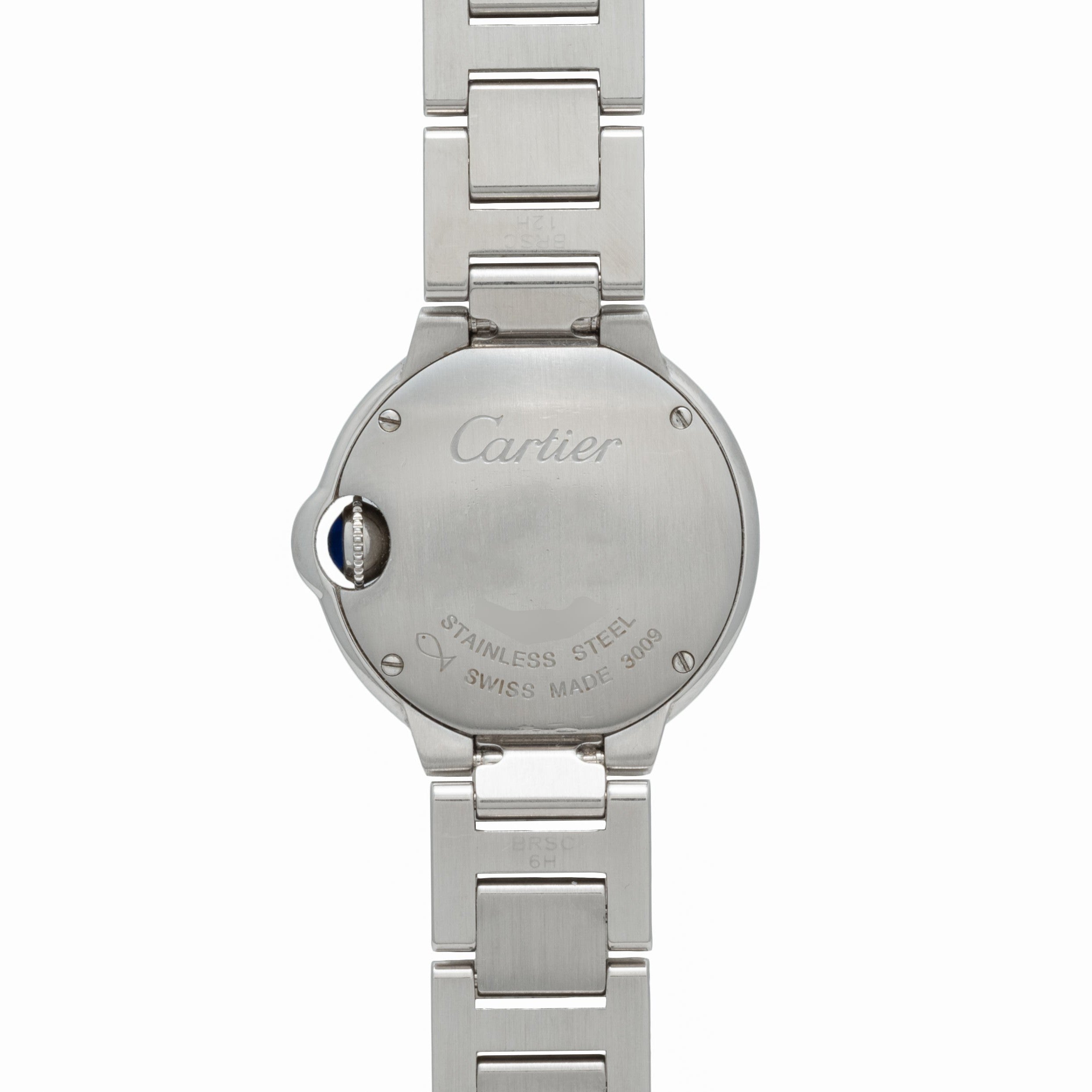 The back of a Cartier Ballon Bleu watch features engraved text and a stainless steel link bracelet.