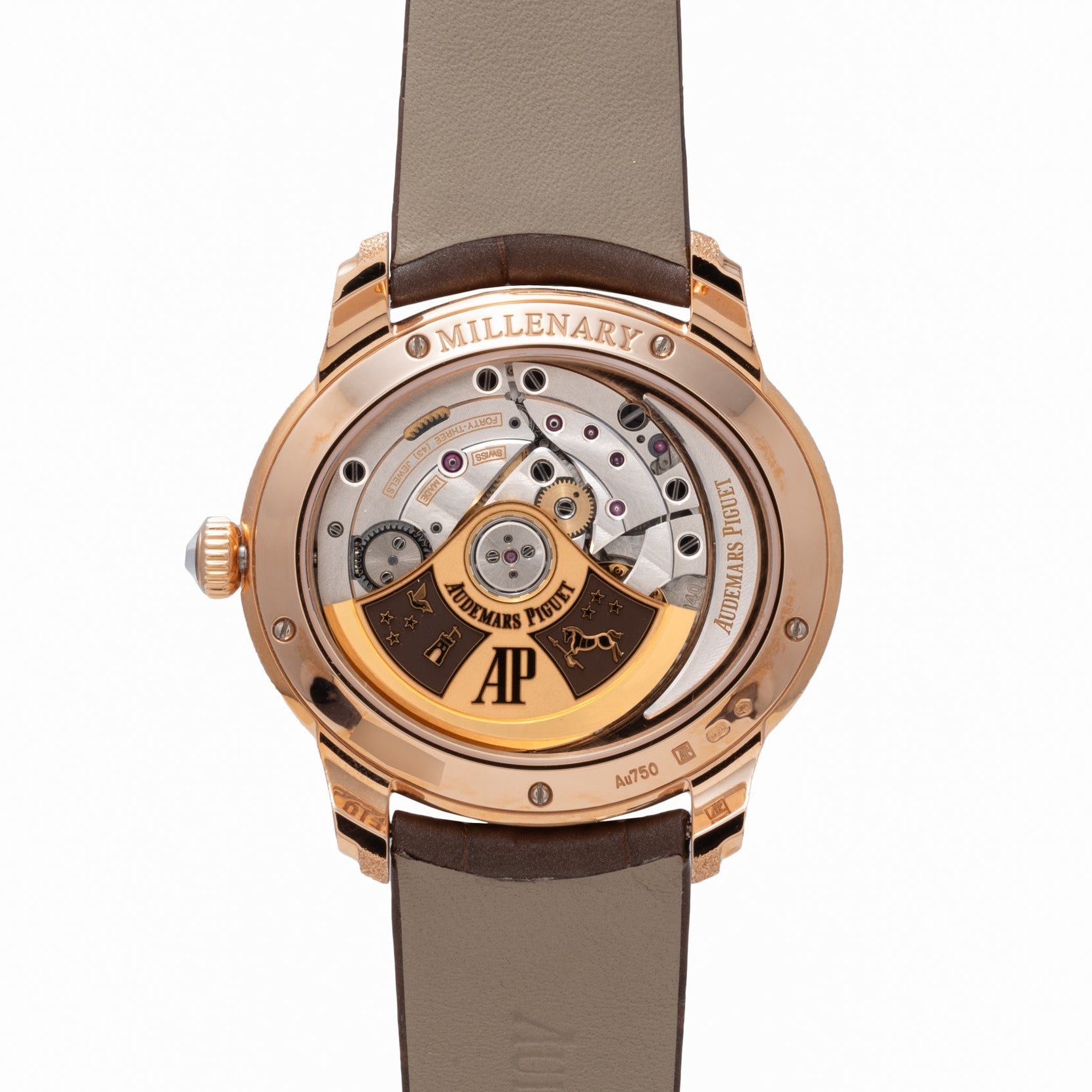 The back of the Audemars Piguet Millenary Philosophique displays its visible mechanical movement and gold rotor.