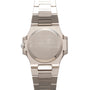 Patek Philippe Nautilus silver metal wristwatch with a blank, scratched case back and a metal link band, shown from the back.