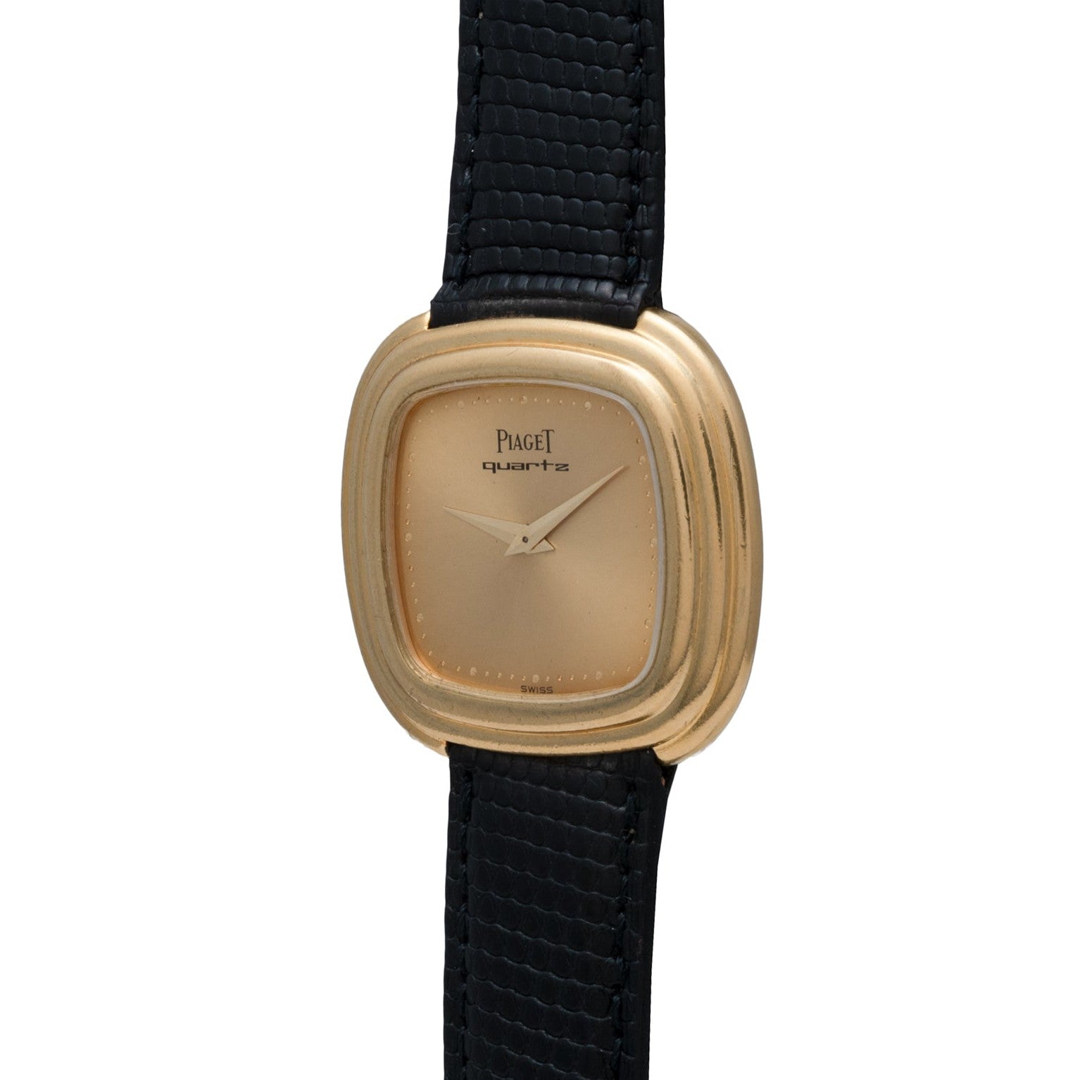 The Piaget Emperador Mini Warhol quartz watch features a gold square face and a black textured strap, displayed at a slight angle.