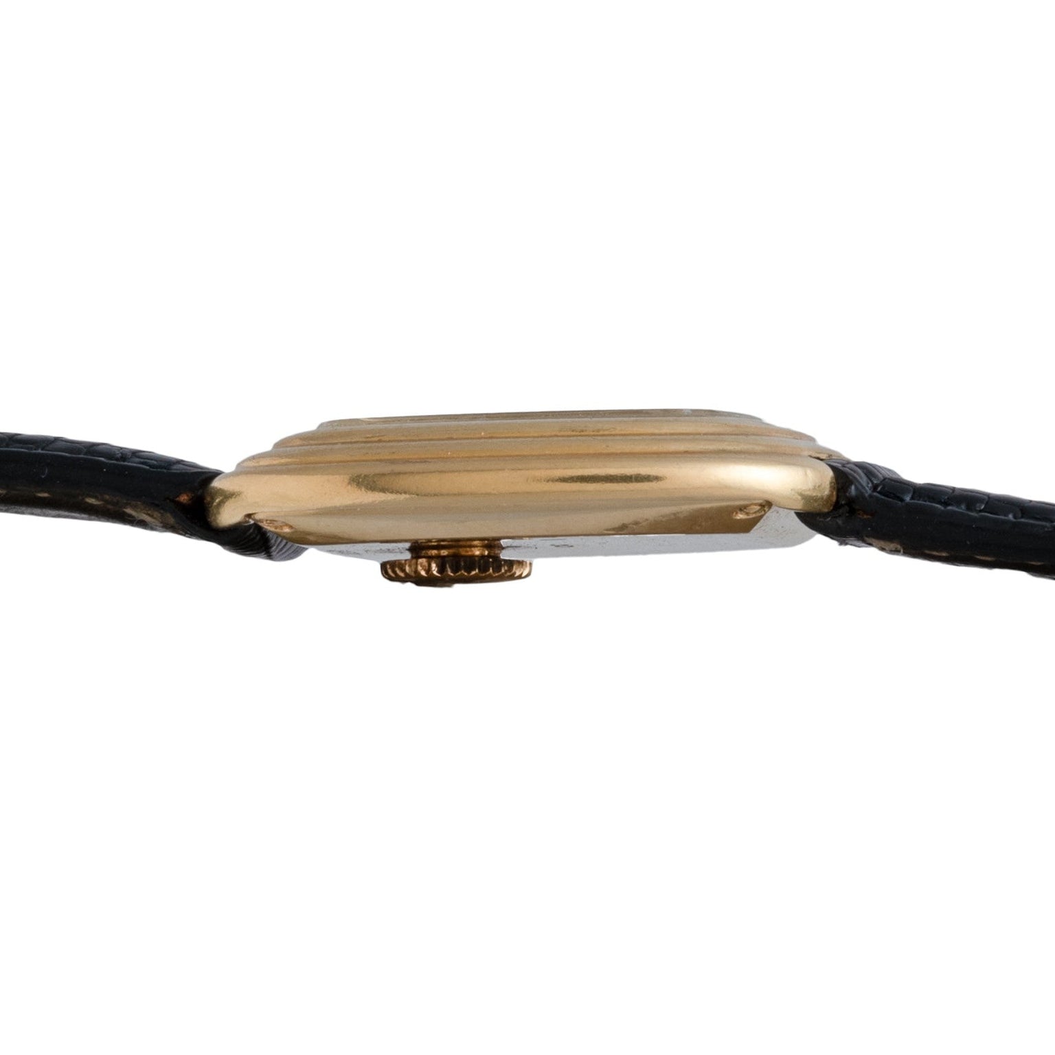 Side view of the Piaget Emperador Mini Warhol gold case wristwatch featuring a black leather strap and visible crown.