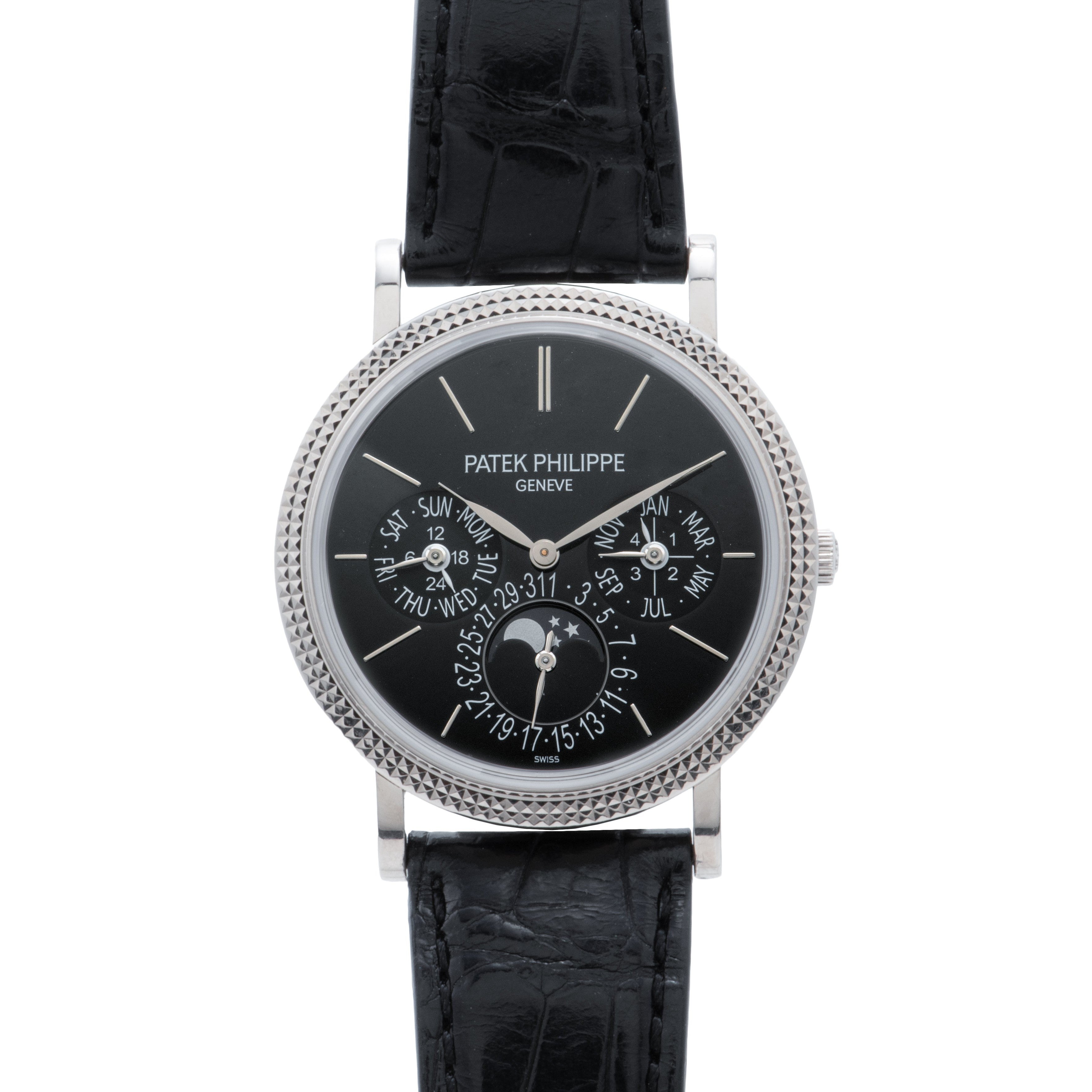 A Patek Philippe Perpetual Calendar Moonphase wristwatch with a black leather strap and multiple dials on a black face.
