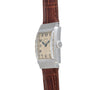 The Vacheron Constantin Rectangular Steel Dress Watch features a silver case and brown leather strap, displayed from the side.