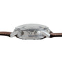 Side view of the Jaeger-LeCoultre Tribute to Polaris wristwatch by Jaeger-LeCoultre, featuring a brown leather strap and three metal adjustment crowns.