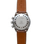 Back view of the Jaeger-LeCoultre Tribute to Polaris watch featuring a brown leather strap and engraved stainless steel case.