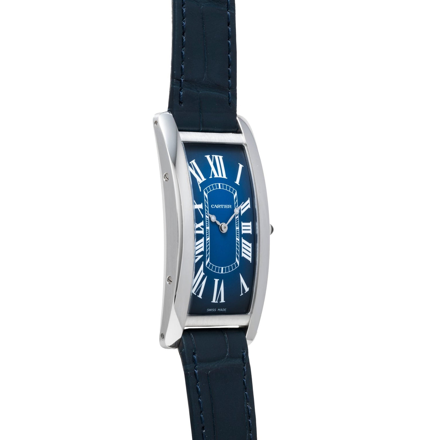 Blue rectangular Cartier Tank Cintrée wristwatch featuring white Roman numerals and a black leather strap, displayed on a white background.