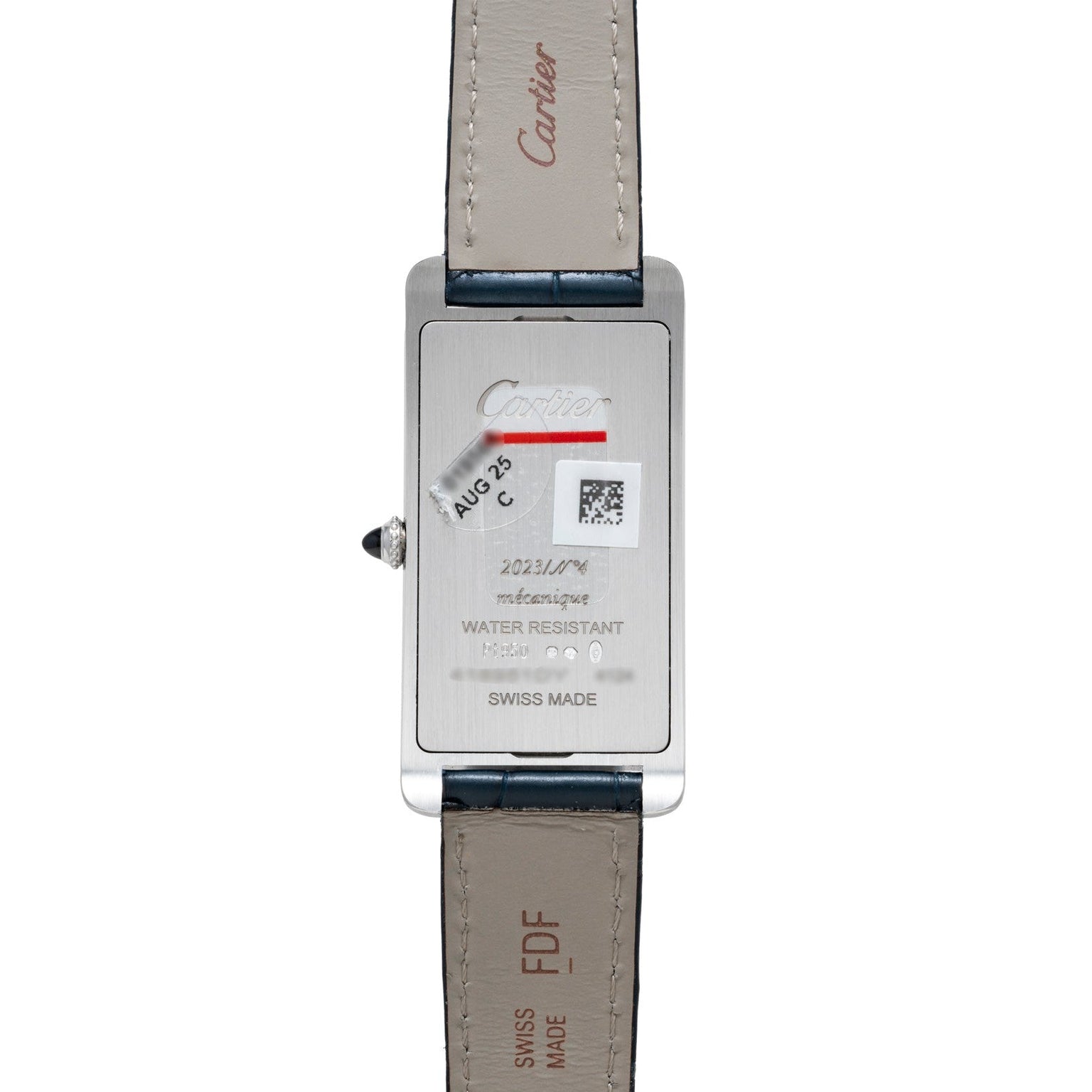 Back of a Cartier Tank Cintrée wristwatch with engravings, a QR code, and visible leather straps.