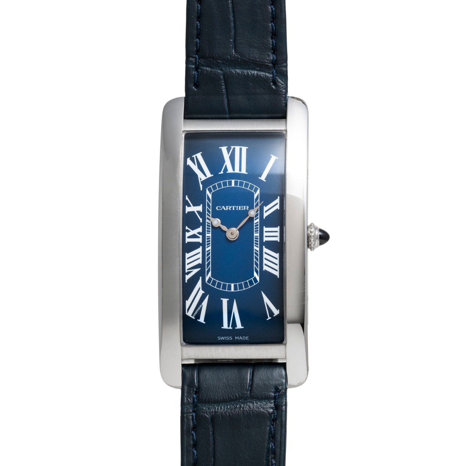 The Cartier Tank Cintrée is a rectangular watch with a blue dial, Roman numerals, and a black leather strap.