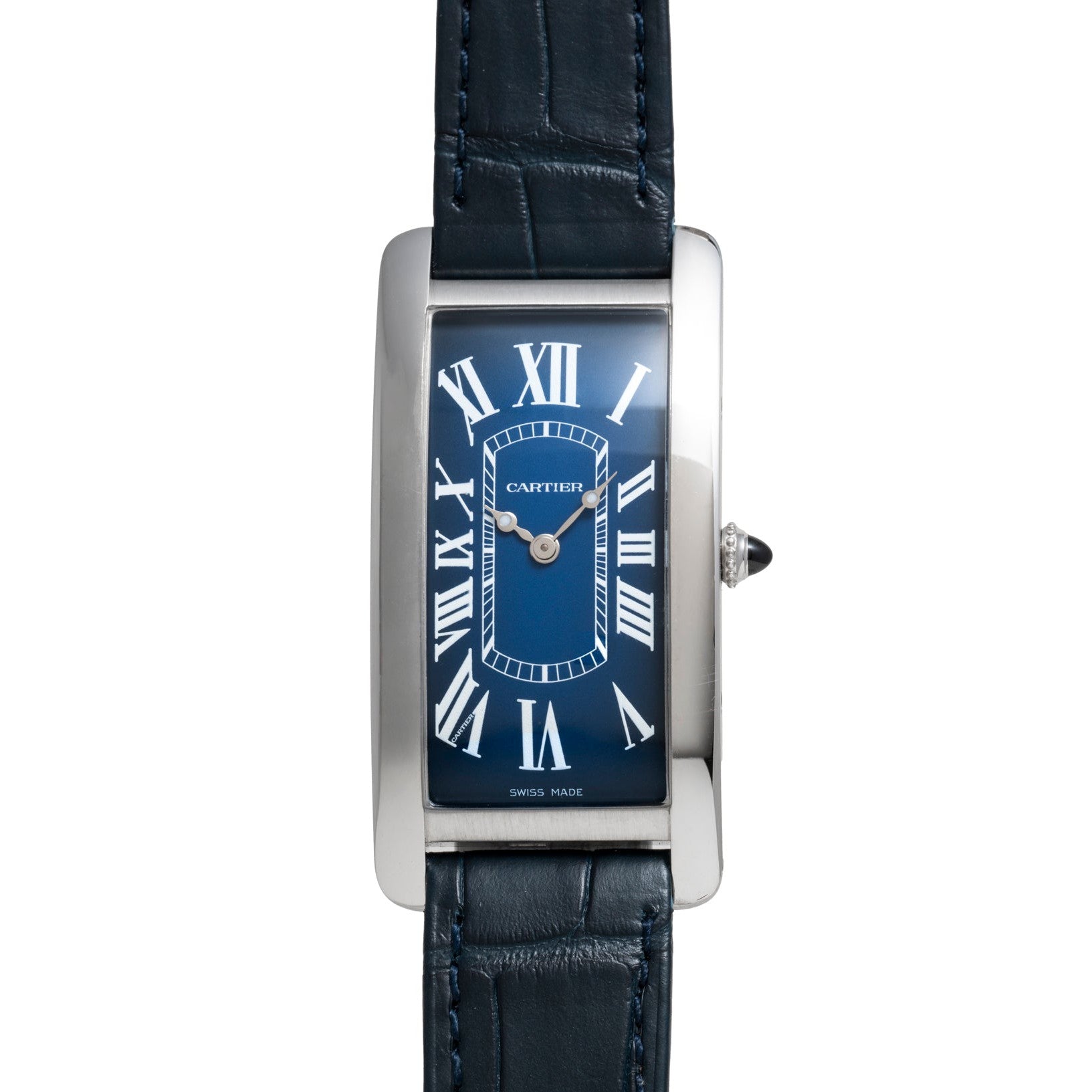 The Cartier Tank Cintrée is a rectangular watch with a blue dial, Roman numerals, and a black leather strap.