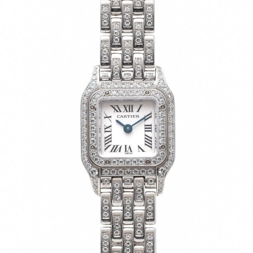 A Cartier Panthère Diamond wristwatch in silver features Roman numerals and diamond accents on the bezel and bracelet.