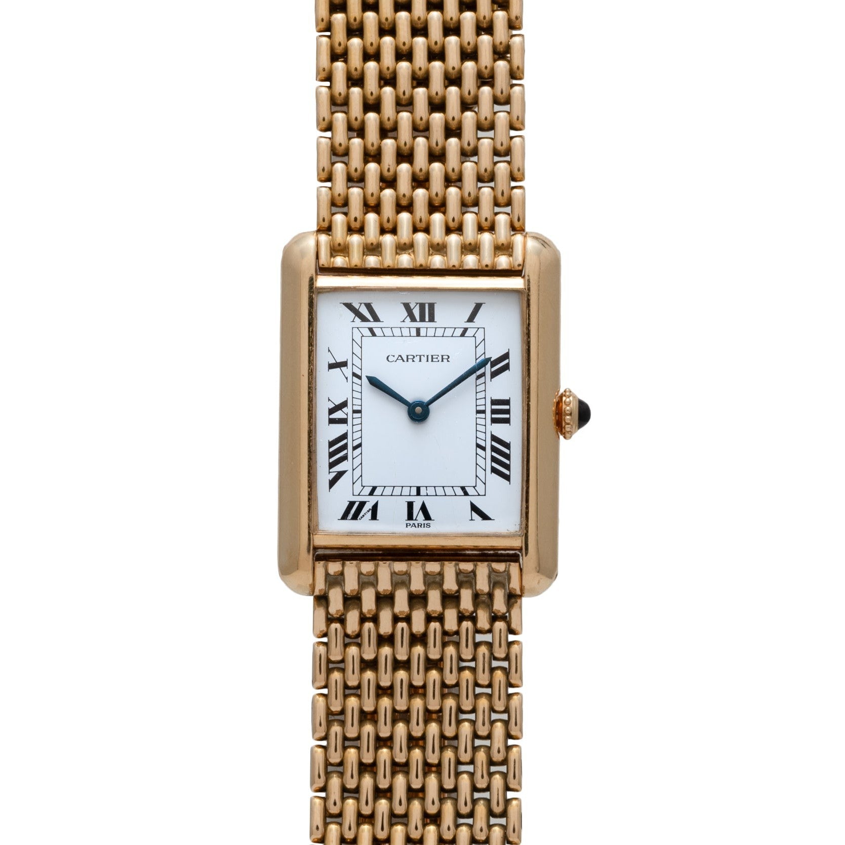 The Cartier Tank Louis wristwatch features a gold case, white square dial with Roman numerals, and a gold mesh bracelet.