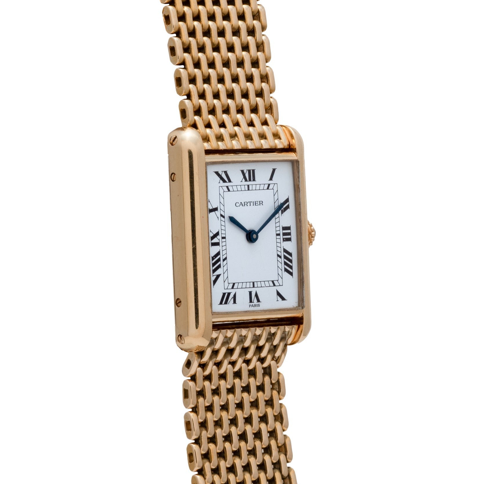 Cartier Tank Louis watch featuring a rectangular face, Roman numerals, and a gold mesh bracelet, shown at an angle.