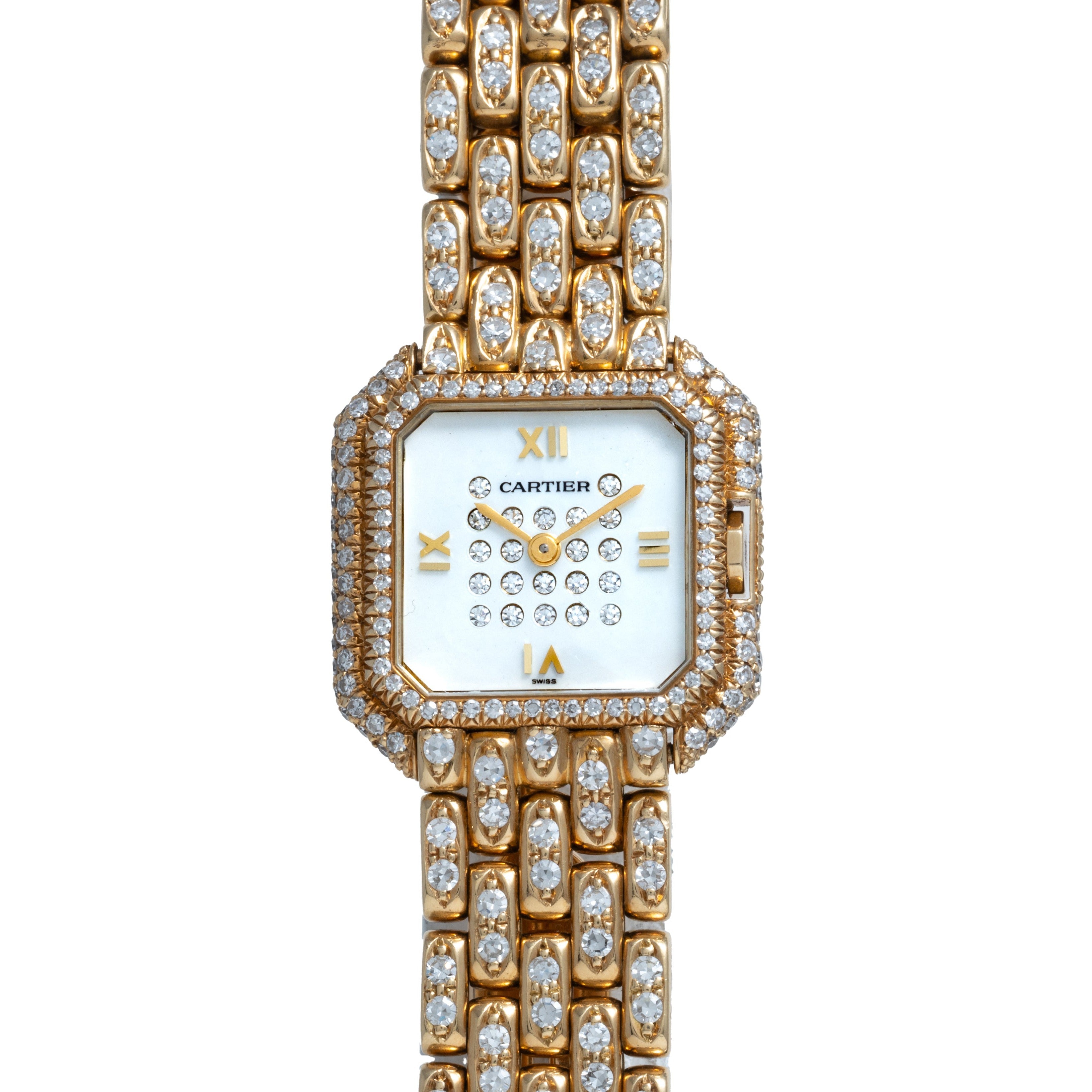 Cartier Ceinture Paris Diamond watch featuring a diamond-encrusted band and bezel, Roman numerals, and diamond accents on the face.