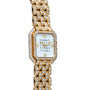 Cartier Ceinture Paris Diamond watch with diamond accents on the band and bezel, a white dial, and Roman numerals.