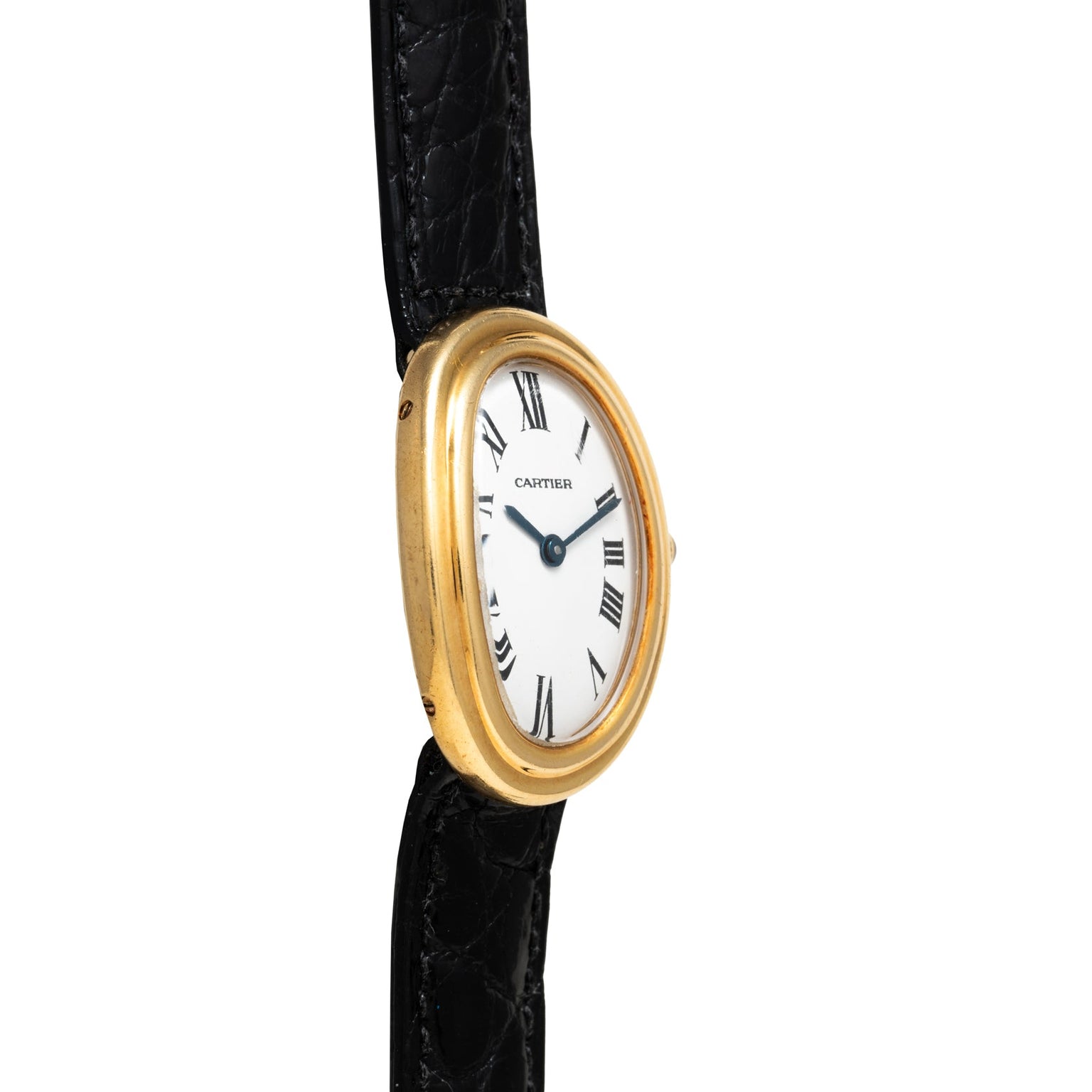 Cartier Baignoire watch with a white oval face, black Roman numerals, and a black leather strap, shown in side view.