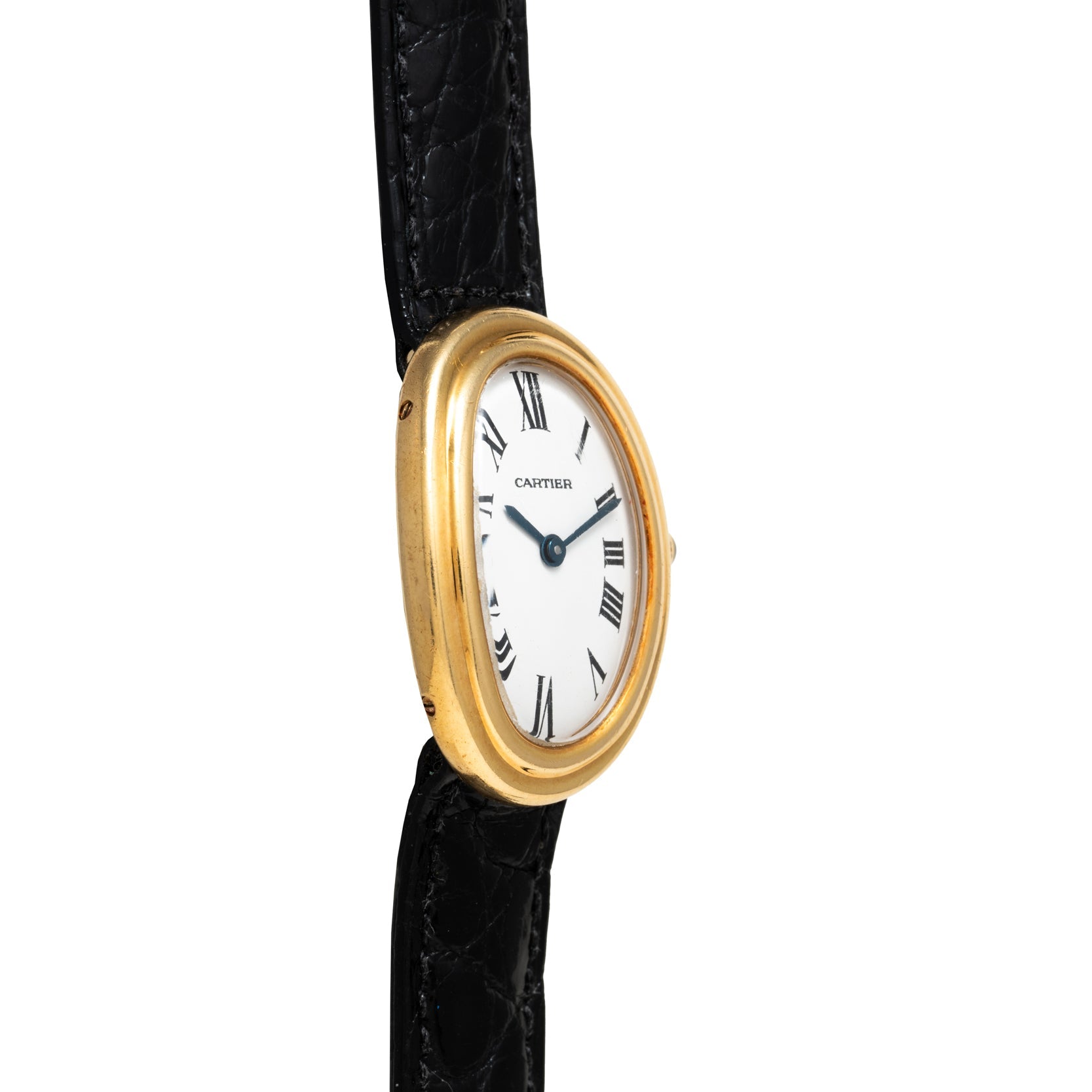 Cartier Baignoire watch with a white oval face, black Roman numerals, and a black leather strap, shown in side view.