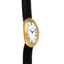 Cartier Baignoire watch with a white oval face, black Roman numerals, and a black leather strap, shown in side view.