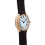 Cartier Vendome gold wristwatch featuring a white dial with Roman numerals and a dark brown leather strap.