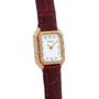 The Cartier Ceinture Diamond watch features a diamond bezel, white face, and burgundy leather strap.