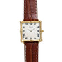 Bamboo Dress Watch by Piaget: gold square case, Roman numerals, and brown leather strap shown on a white background.