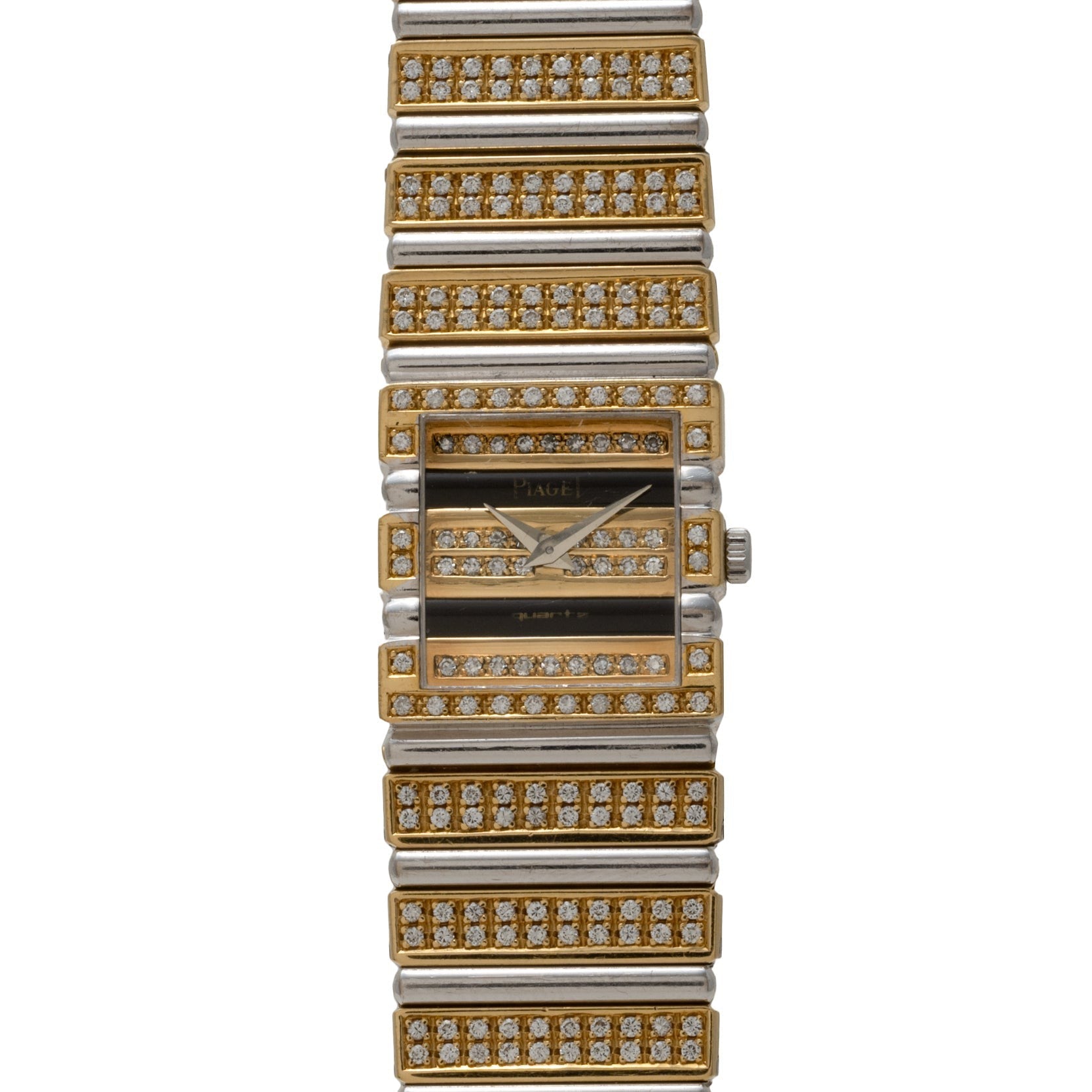 The Piaget Polo Pave is a gold and silver rectangular watch featuring rows of diamonds on the face and band.