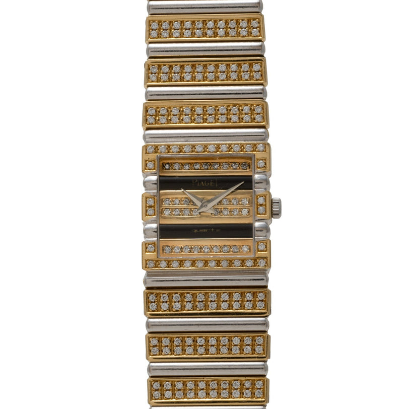 The Piaget Polo Pave is a gold and silver rectangular watch featuring rows of diamonds on the face and band.