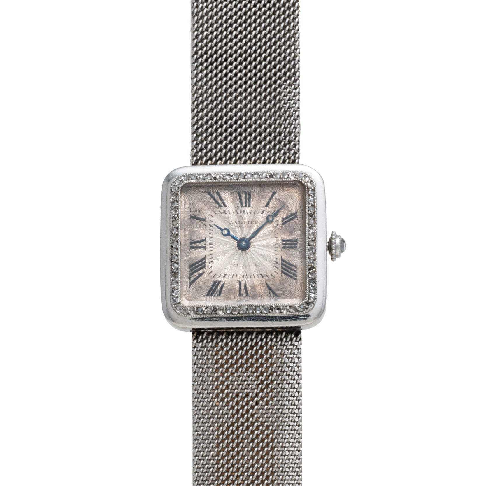 Cartier Santos Platinum: a square silver watch with Roman numerals, mesh band, two blue hands, and a textured bezel.