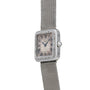 The Cartier Santos Platinum wristwatch features a square face, platinum mesh band, diamond accents, and Roman numerals on the dial.