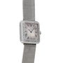 The Cartier Santos Platinum is a square-faced platinum wristwatch with a mesh band, Roman numerals, and a diamond-set bezel.