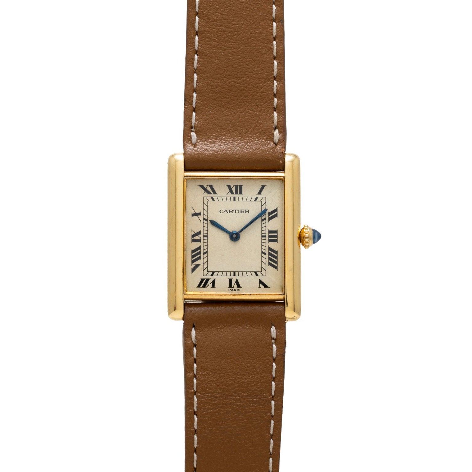 The Cartier Tank Louis is a gold watch featuring a square face, Roman numerals, and a brown leather strap with white stitching.