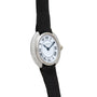 The Cartier Vendome Diamond wristwatch features a black strap, Roman numerals, and a diamond-encrusted bezel.