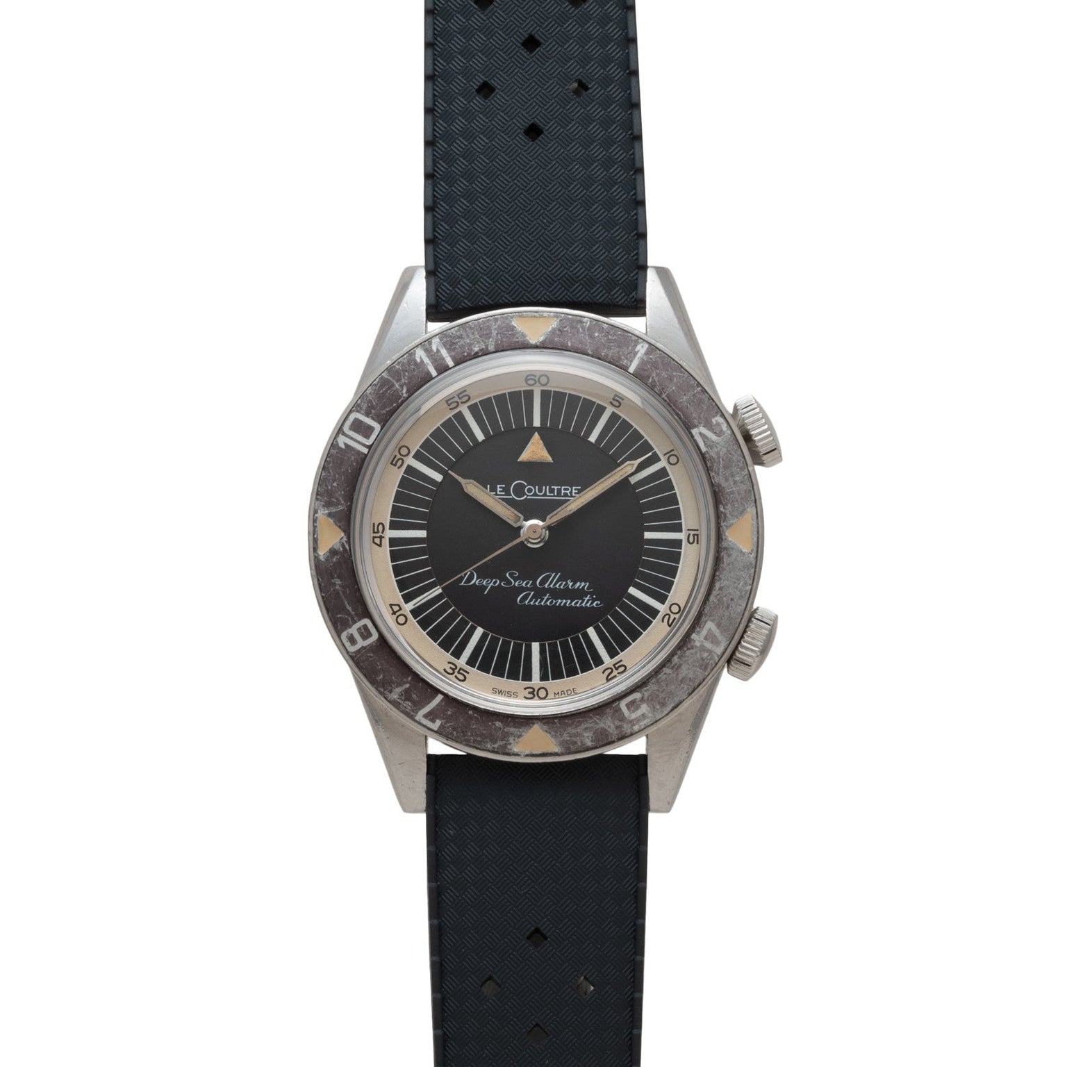 Jaeger-LeCoultre Deep Sea Alarm U.S. Edition wristwatch with a black dial, two crowns, and a black perforated strap, shown face up.