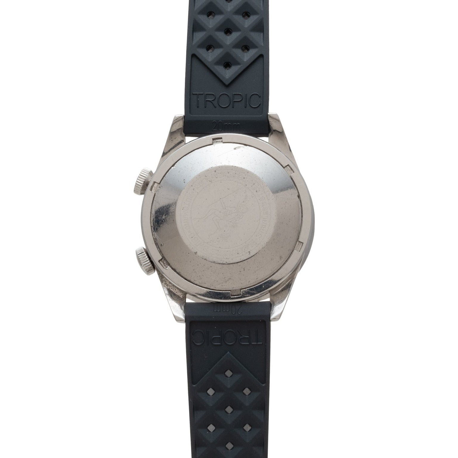 The back of a Jaeger-LeCoultre Deep Sea Alarm U.S. Edition silver wristwatch with a black TROPIC rubber strap.