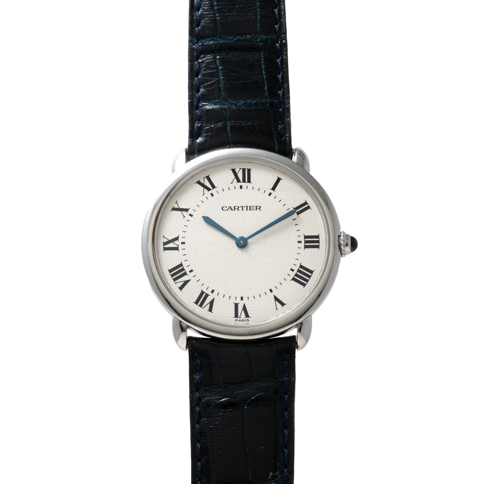 The Cartier Vendome Ronde Louis wristwatch features Roman numerals, blue hands, and a black leather strap.