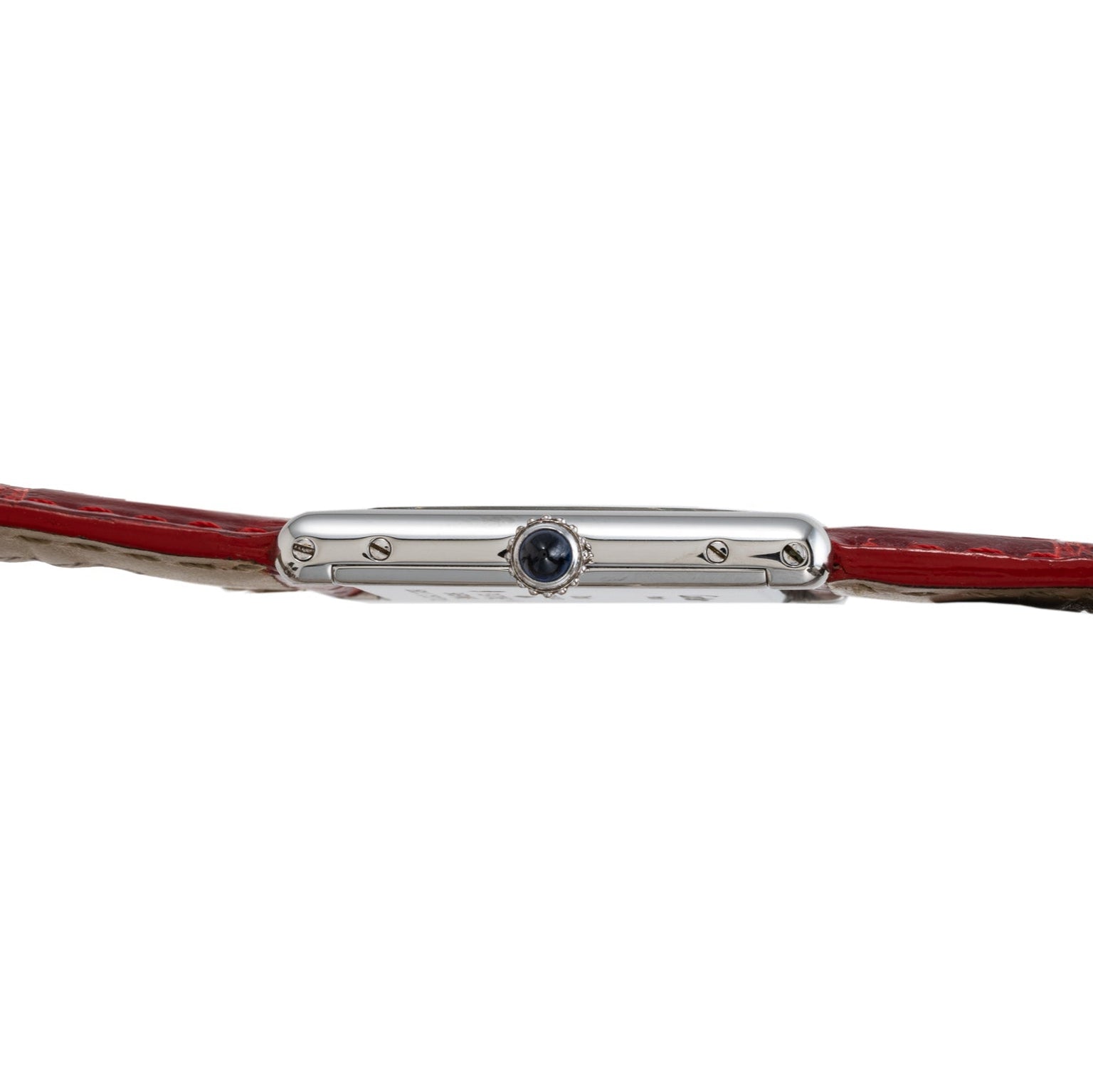 Side view of the Cartier Tank Louis, a slim wristwatch with a silver case, blue crown, and red leather strap.