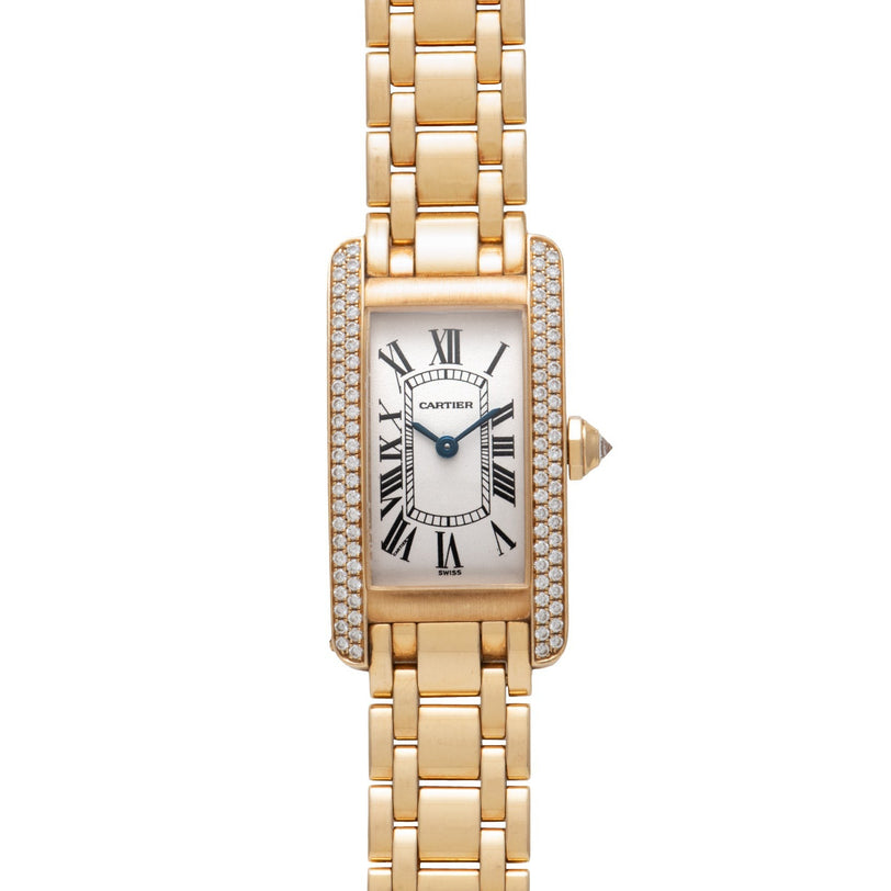 The Cartier Tank Americaine Diamond watch features a rectangular face, Roman numerals, and diamond accents on the case and bracelet.