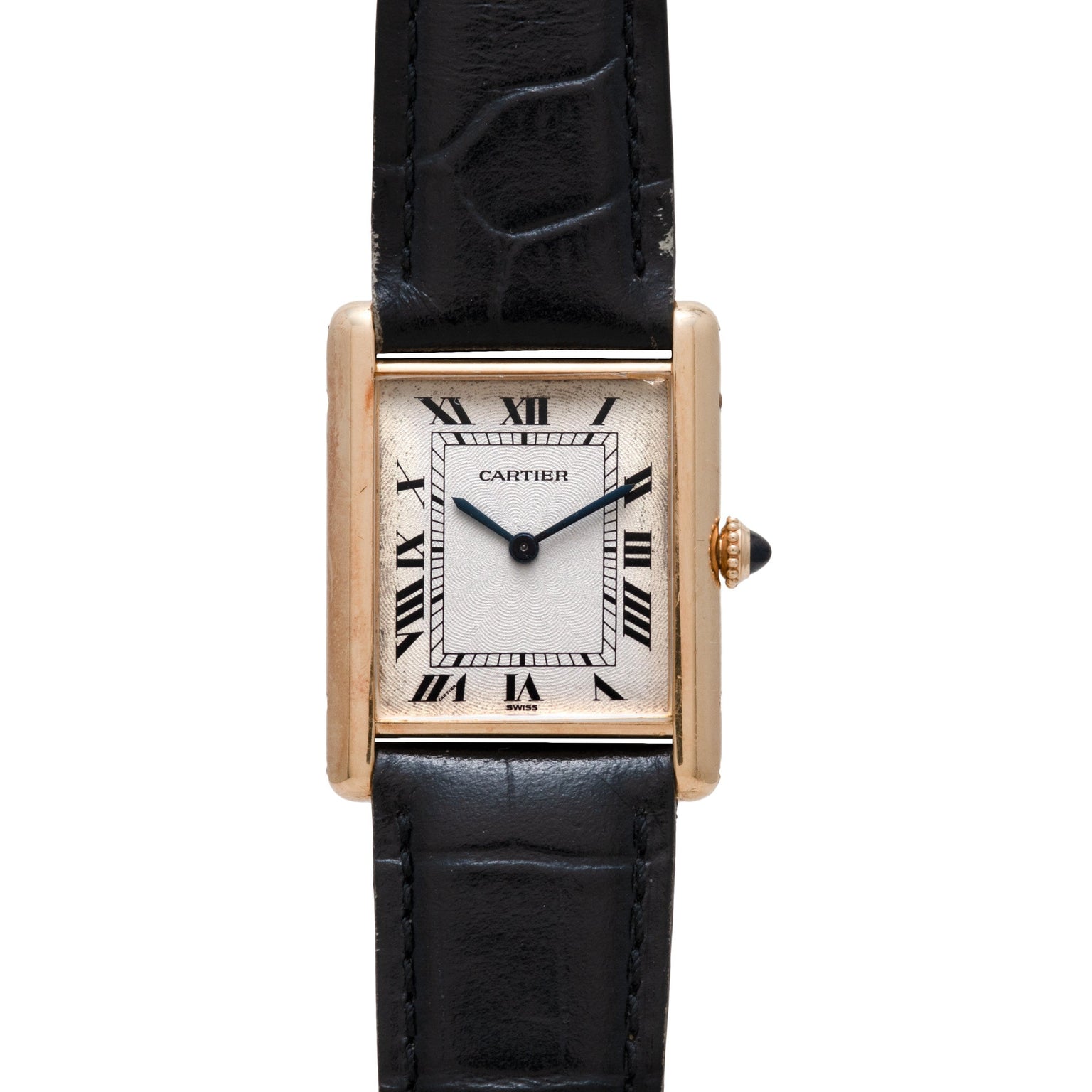 The Cartier Tank Louis Mechaniqúe features a rectangular face, black Roman numerals, and a black leather strap.