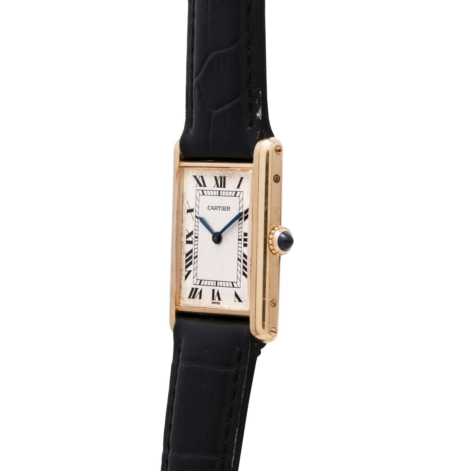 The Cartier Tank Louis Mechaniqúe features a rectangular gold case, black Roman numerals, and a black leather strap.