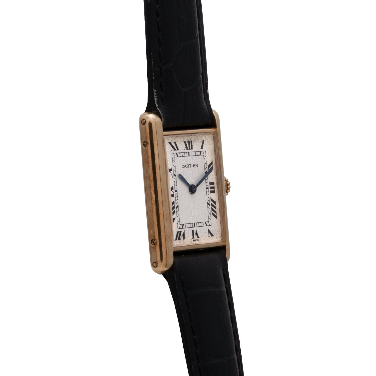 Cartier Tank Louis Mechaniqúe watch with a rectangular face, Roman numerals, and a black leather strap, shown at an angle.