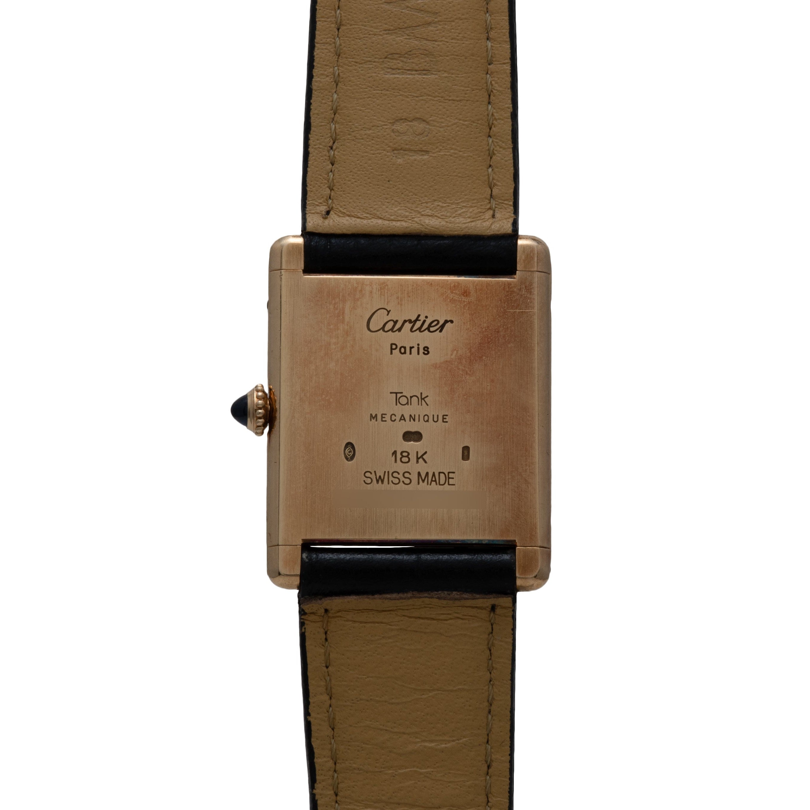 Back view of the Cartier Tank Louis Mechaniqúe wristwatch in gold, featuring a leather strap and engraved markings.