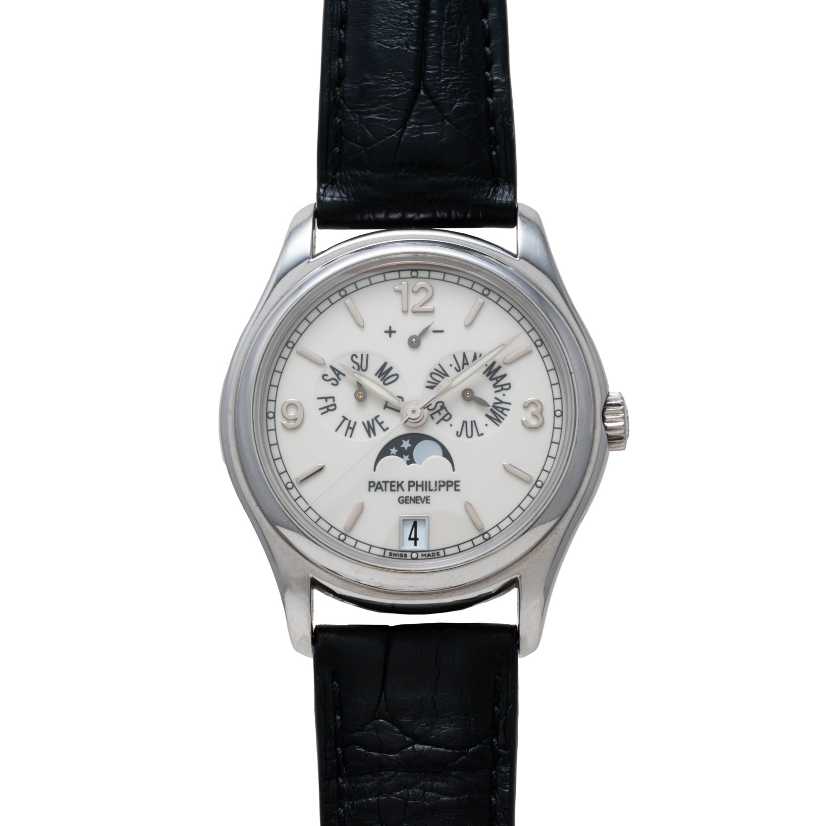 The Patek Philippe Annual Calendar Moonphase features a silver case, white dial, black leather strap, and multiple subdials.