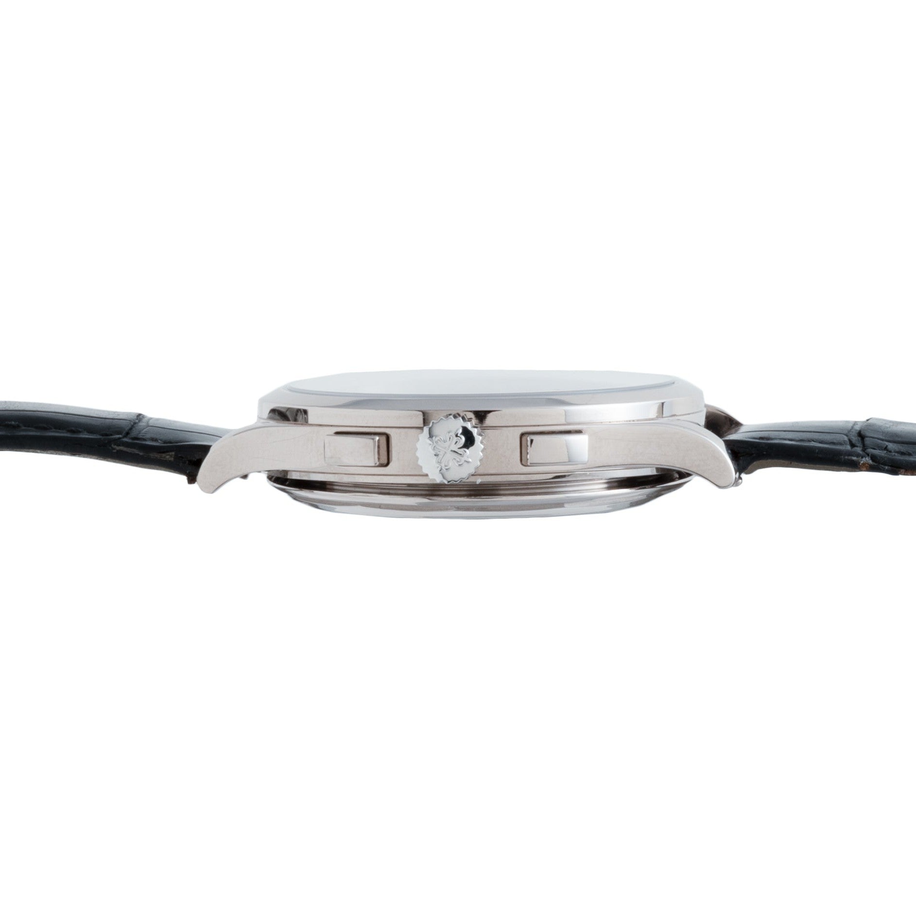 Side view of the Patek Philippe Chronograph featuring a black leather strap, silver case, and crown.