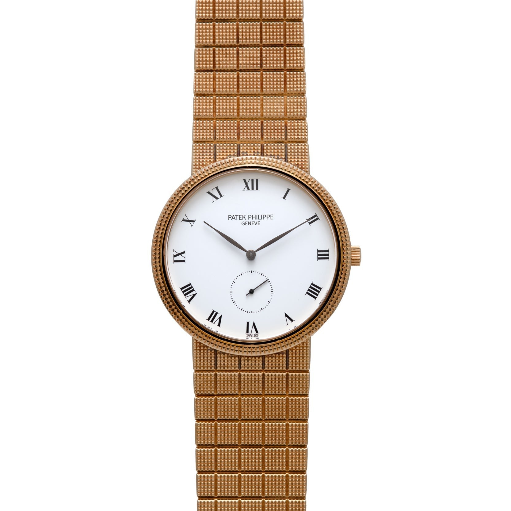 Patek Philippe Calatrava gold wristwatch featuring a white face, Roman numerals, and a patterned gold band.