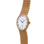 The Patek Philippe Calatrava features a gold case, white dial with Roman numerals, woven metal band, and displays the time 1:55.