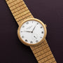 Patek Philippe Calatrava gold watch with a white face, Roman numerals, and mesh band displayed on a dark textured surface.