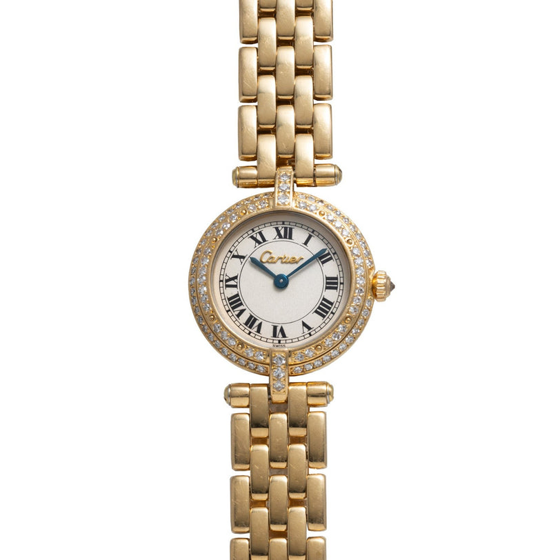 Cartier Panthere Ronde watch featuring a Roman numeral dial, diamond-studded bezel, and gold link bracelet.